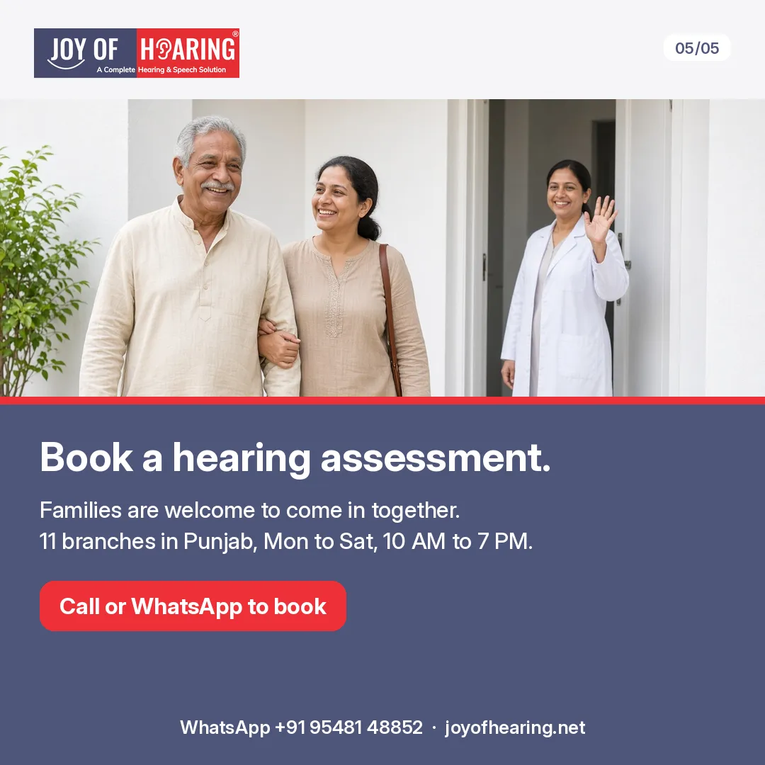 An older man walks arm in arm with his daughter while a clinician waves from the doorway, above "Book a hearing assessment." and a call or WhatsApp button.