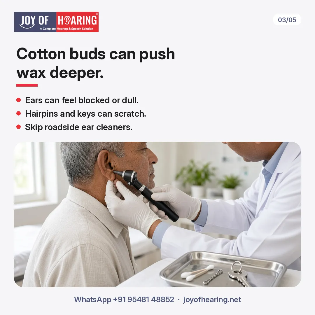 A doctor in a white coat holds an otoscope at the ear of an older man seen in side profile; a steel tray with cotton buds, a key and a small metal clip sits in the foreground.