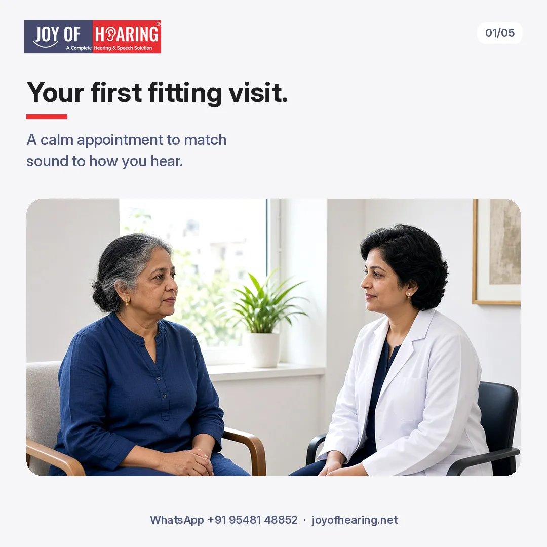 A woman sits with a doctor beside “Your first fitting visit.”