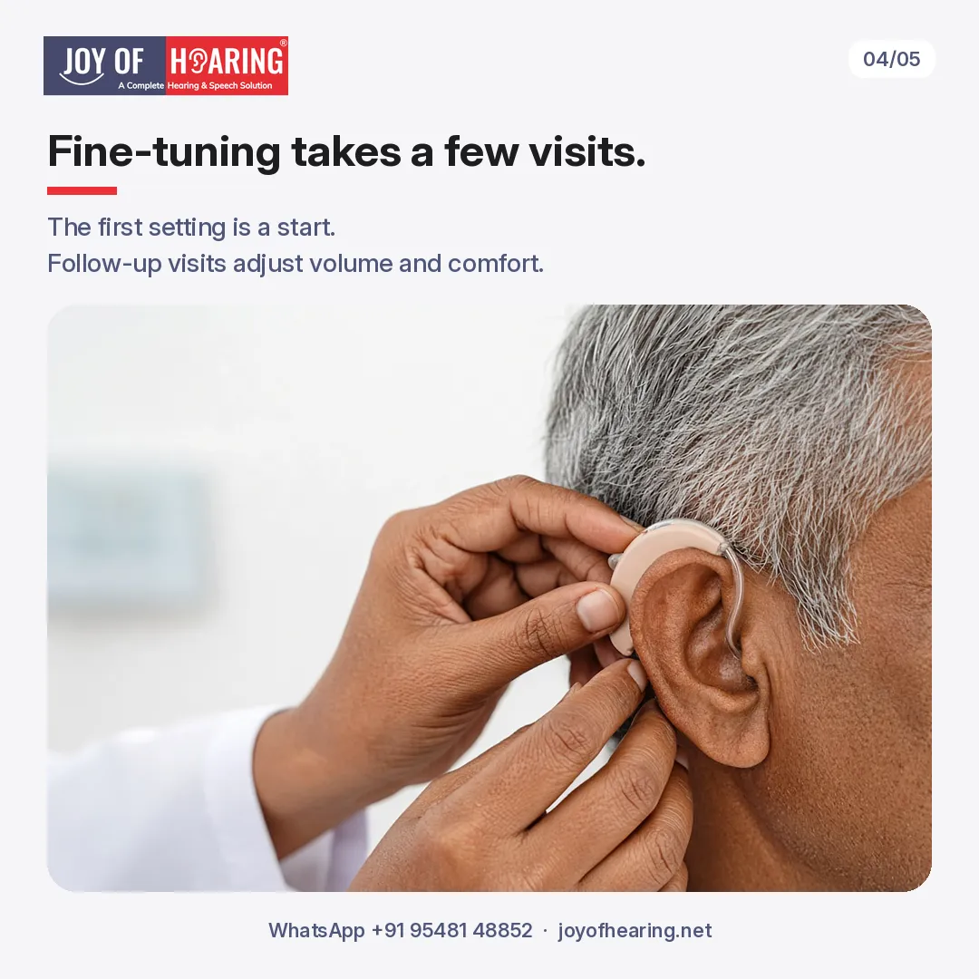 Hands fit a behind-the-ear hearing aid beside “Fine-tuning takes a few visits.”